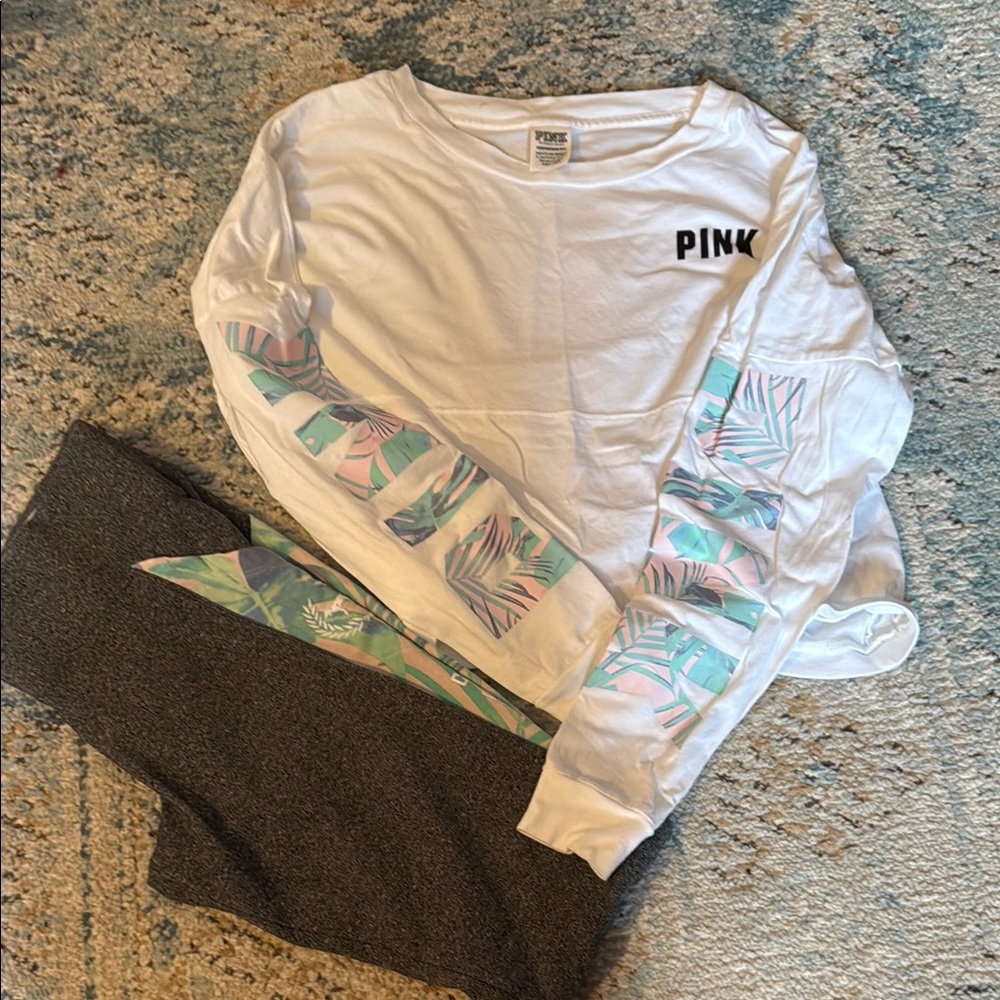 PINK Victoria's Secret White Long Sleeve with Tropical Print